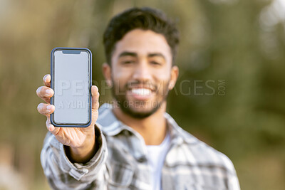 Buy stock photo Phone, portrait and man show mockup mobile for nature adventure, forest hiking or outdoor woods journey. UI screen mock up, digital product placement and person happy for smartphone promotion deal