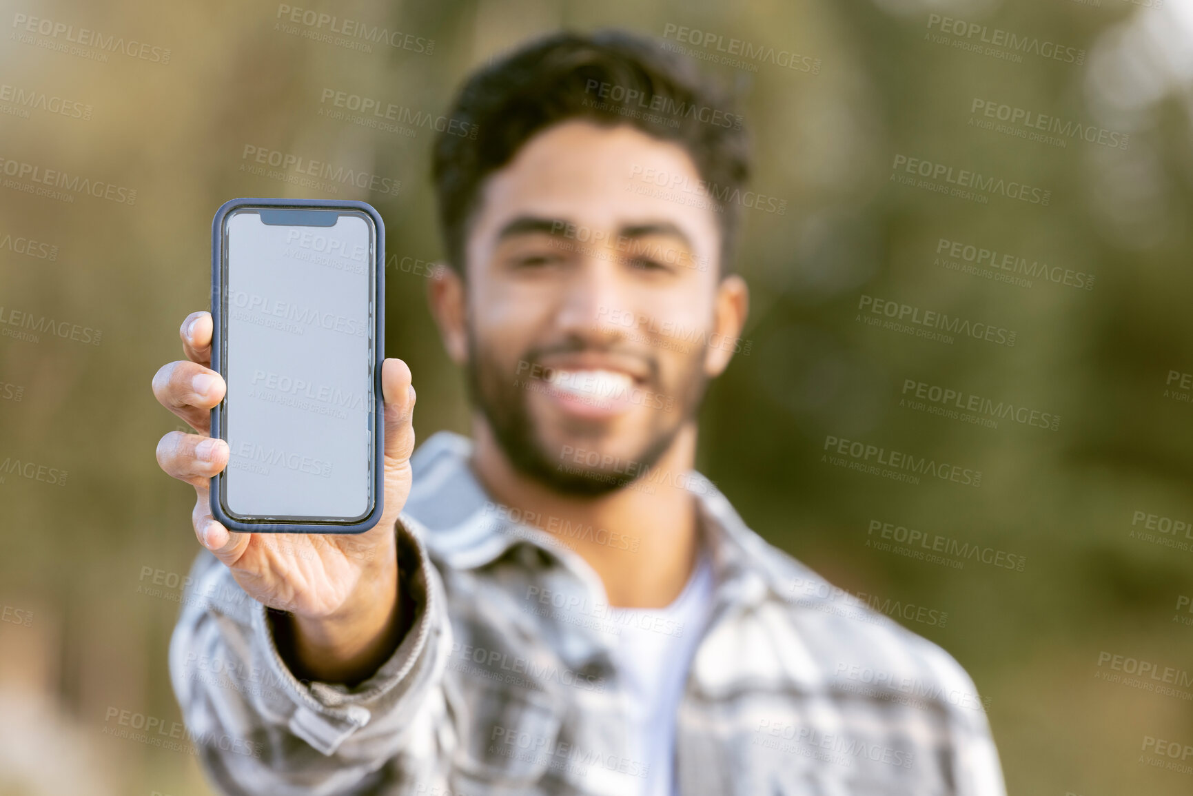 Buy stock photo Phone, portrait and man show mockup mobile for nature adventure, forest hiking or outdoor woods journey. UI screen mock up, digital product placement and person happy for smartphone promotion deal