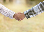 Handshake, thank you and shaking hands outdoor of agriculture b2b partnership with teamwork. Welcome, hiring and networking deal hand sign of people in nature with blurred background and trust