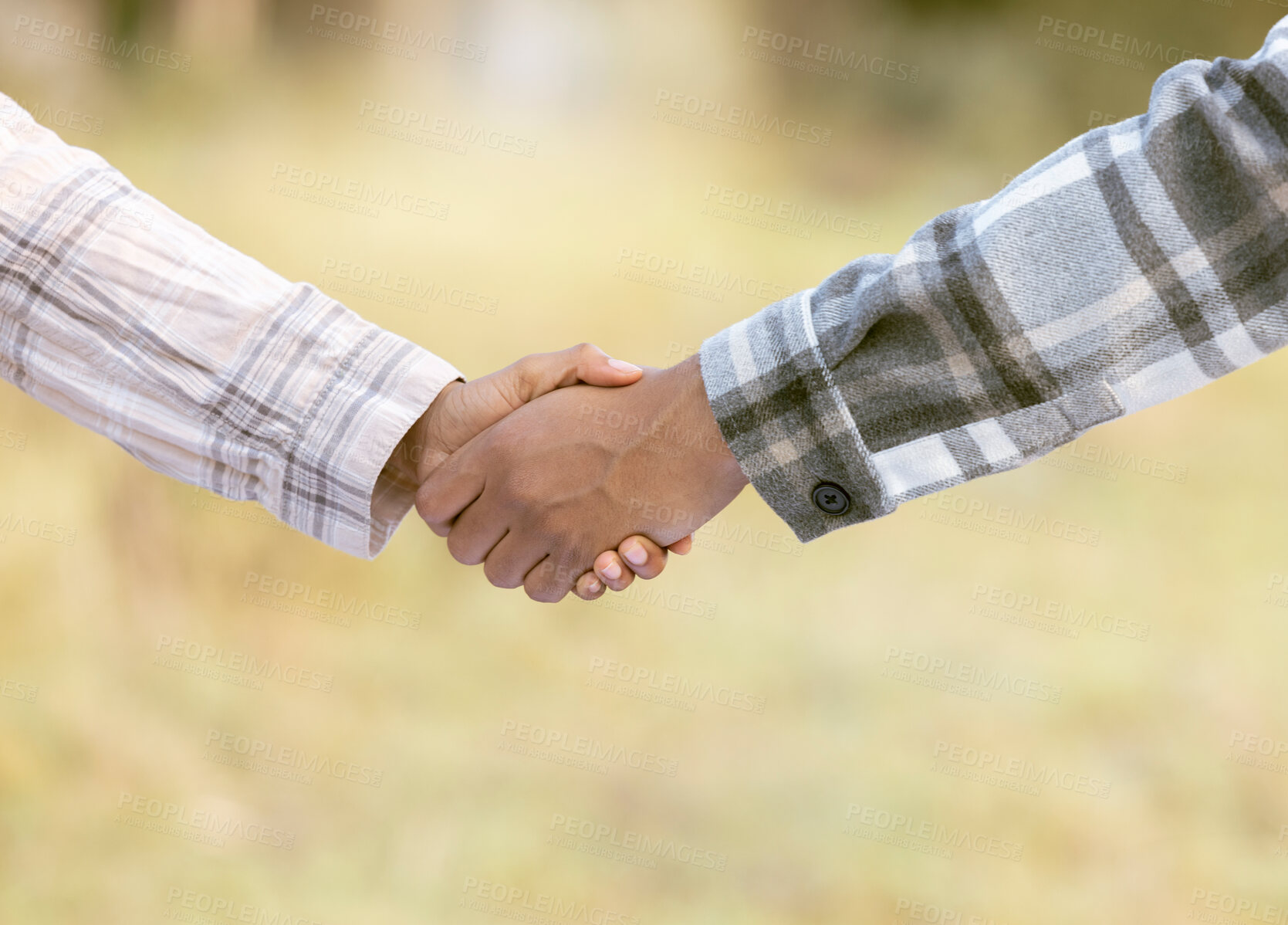 Buy stock photo Handshake, thank you and shaking hands outdoor of agriculture b2b partnership with teamwork. Welcome, hiring and networking deal hand sign of people in nature with blurred background and trust