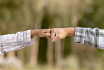 Hands, fist bump and friends in agreement, deal or collaboration on mockup blurred background. Hand of people touching fists in team building, support or partnership for victory, unity or community