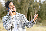 Happy, confused and phone call by man in a park, laughing while showing hand for wtf gesture on nature background. Smartphone, conversation and handsome male with hands, sign and surprised in forest
