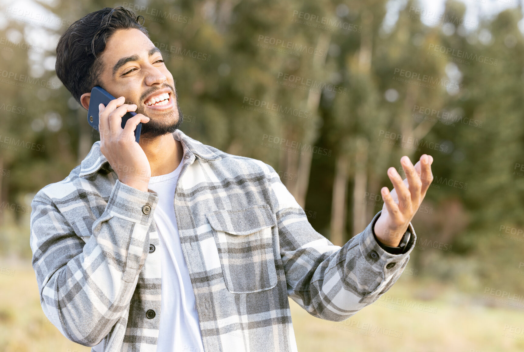 Buy stock photo Happy, laugh and phone call by man in a park, laughing while showing hand for wtf gesture on nature background. Smartphone, conversation and handsome male with hands, sign and surprised in forest