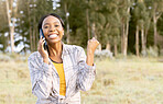 Winning, success and black woman on a phone call in nature, happy and excited about achievement. Winner, communication and African girl listening on a mobile in a field in Australia with mockup