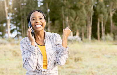 Buy stock photo Winning, success and black woman on a phone call in nature, happy and excited about achievement. Winner, communication and African girl listening on a mobile in a field in Australia with mockup