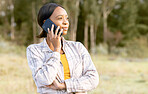 African woman, forest and phone call for talk, question or thinking for interest, focus or idea on grass in summer. Adventure, smartphone conversation or holiday for girl in sunshine, woods and trees