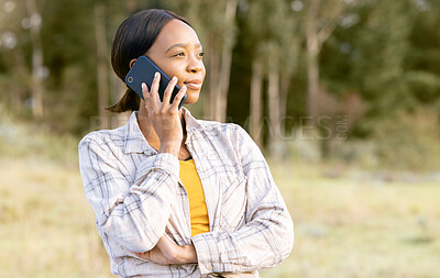 Buy stock photo African woman, forest and phone call for talk, question or thinking for interest, focus or idea on grass in summer. Adventure, smartphone conversation or holiday for girl in sunshine, woods and trees