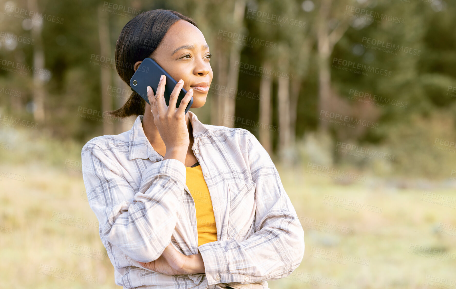 Buy stock photo African woman, forest and phone call for talk, question or thinking for interest, focus or idea on grass in summer. Adventure, smartphone conversation or holiday for girl in sunshine, woods and trees