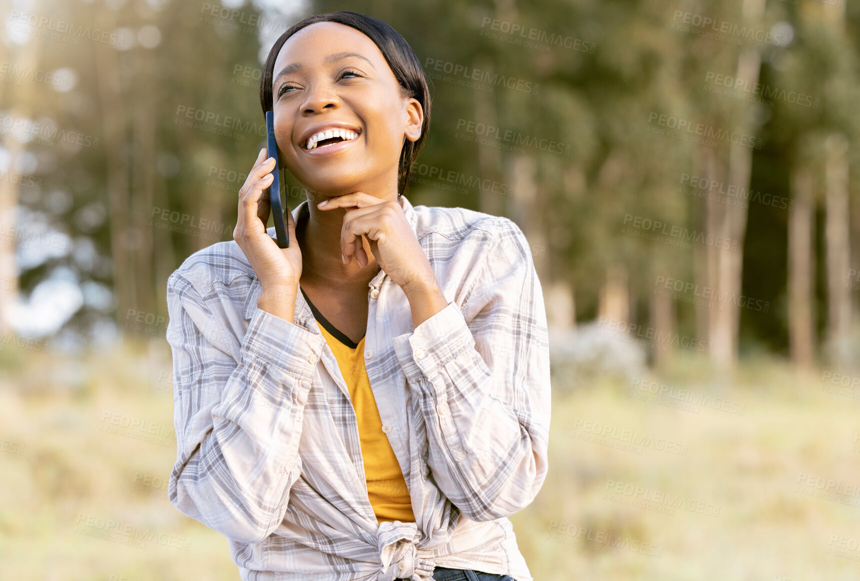 Buy stock photo Outdoor, phone call and black woman with smile, forest and connection with journey, adventure and hiking. African American female, lady and hiker with cellphone, nature or conversation with happiness