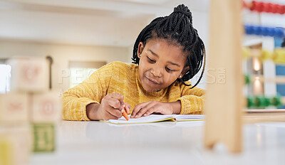 Buy stock photo Education, girl and child writing at table for homework, lesson and home school activity in her house. Learning, student and child development, student and distance learning, focus and drawing