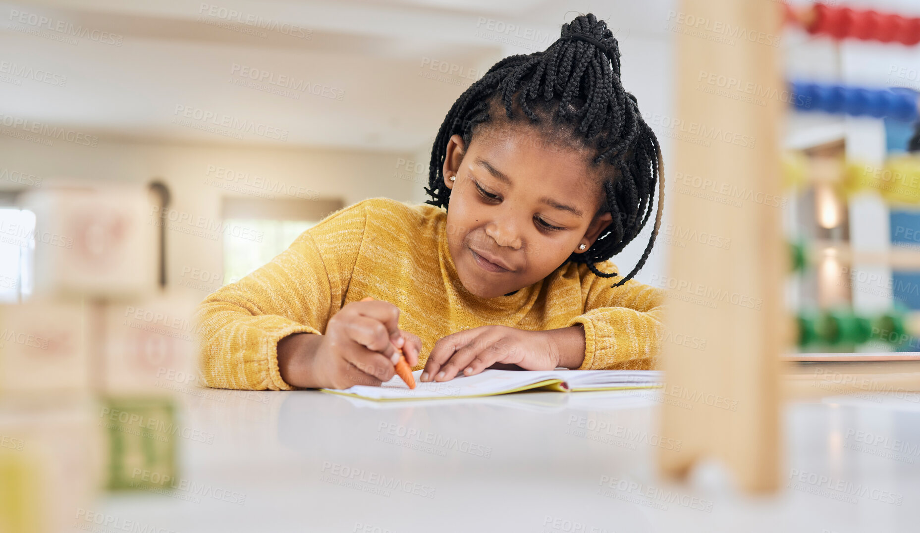 Buy stock photo Education, girl and child writing at table for homework, lesson and home school activity in her house. Learning, student and child development, student and distance learning, focus and drawing