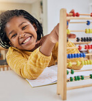 Abacus, kid learning and portrait of a girl in a house with study paper and math homework. Happiness, school work and young child with a smile from knowledge development and numbers at a house desk