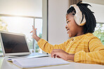 Blank screen, student learning and computer with kid knowledge development at home. Happy, headphones and young person counting numbers with hands in a house for school elearning with happiness