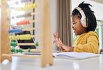 Abacus, child learning and computer of a kid with knowledge development at home. Happy, headphones and young person counting numbers with hands in a house for school elearning with happiness