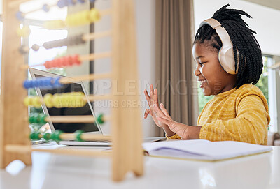 Buy stock photo Abacus, child learning and computer of a kid with knowledge development at home. Happy, headphones and young person counting numbers with hands in a house for school elearning with happiness