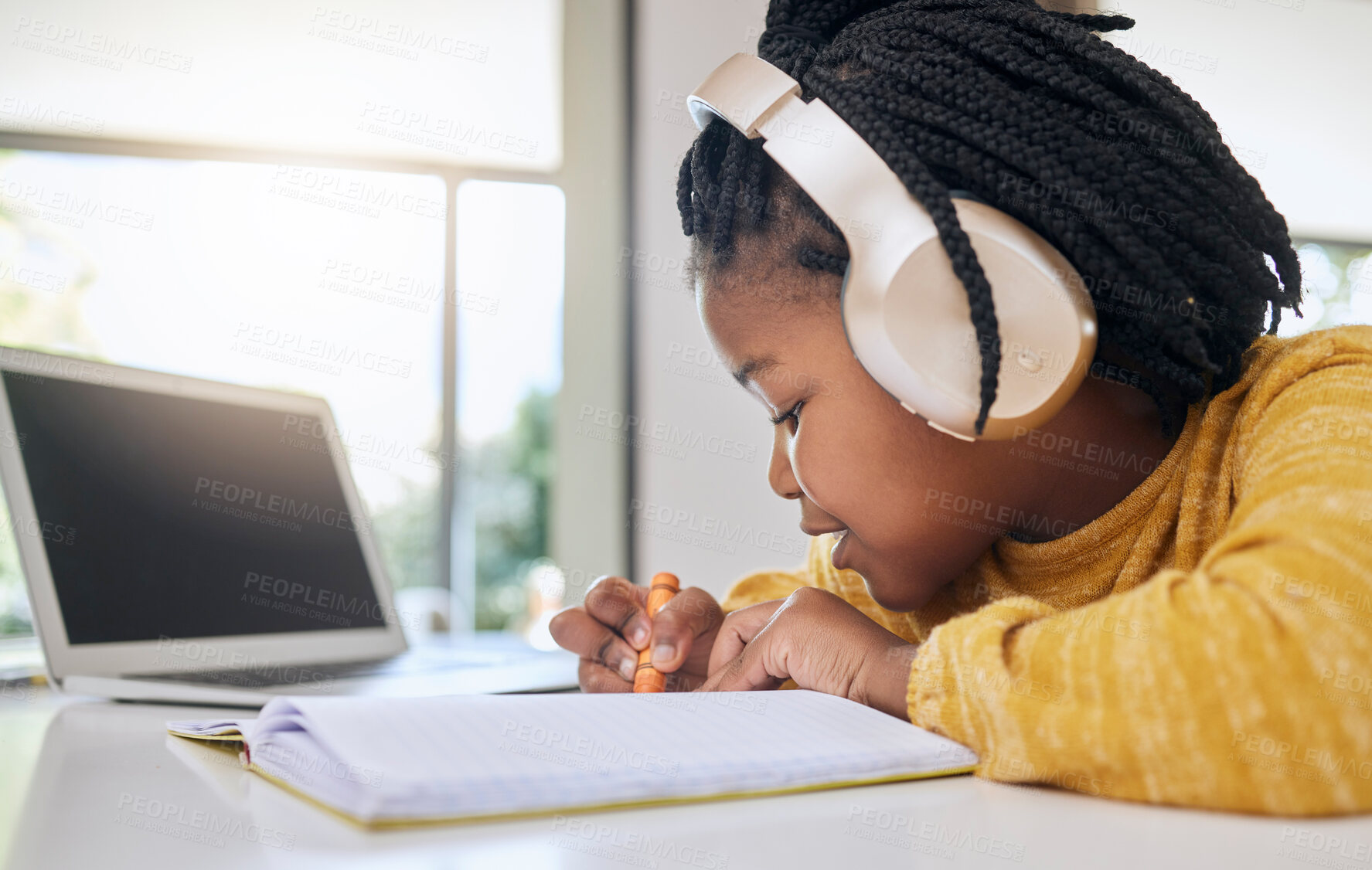 Buy stock photo Education, black girl and writing with headphones, homework and learning for growth, happy and notes. African American female child, kid or young person with focus, development or knowledge with book