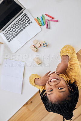 Buy stock photo Education portrait, notebook and kid with laptop for online home school, remote elearning and child development. E learning, color crayons and top view of African student study with creative software