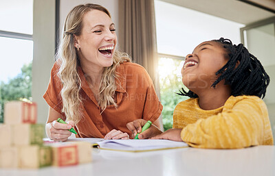 Buy stock photo Laugh, child development and interracial family in a home learning in a living room with drawing. Parent love, funny joke and mother care with girl together in a house with study game and toys 