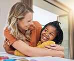 Love, adoption and mother hug girl, happiness and bonding in lounge, celebrate homework completed and loving together. Adopted, black female child and mama embrace, achievement and kid with smile