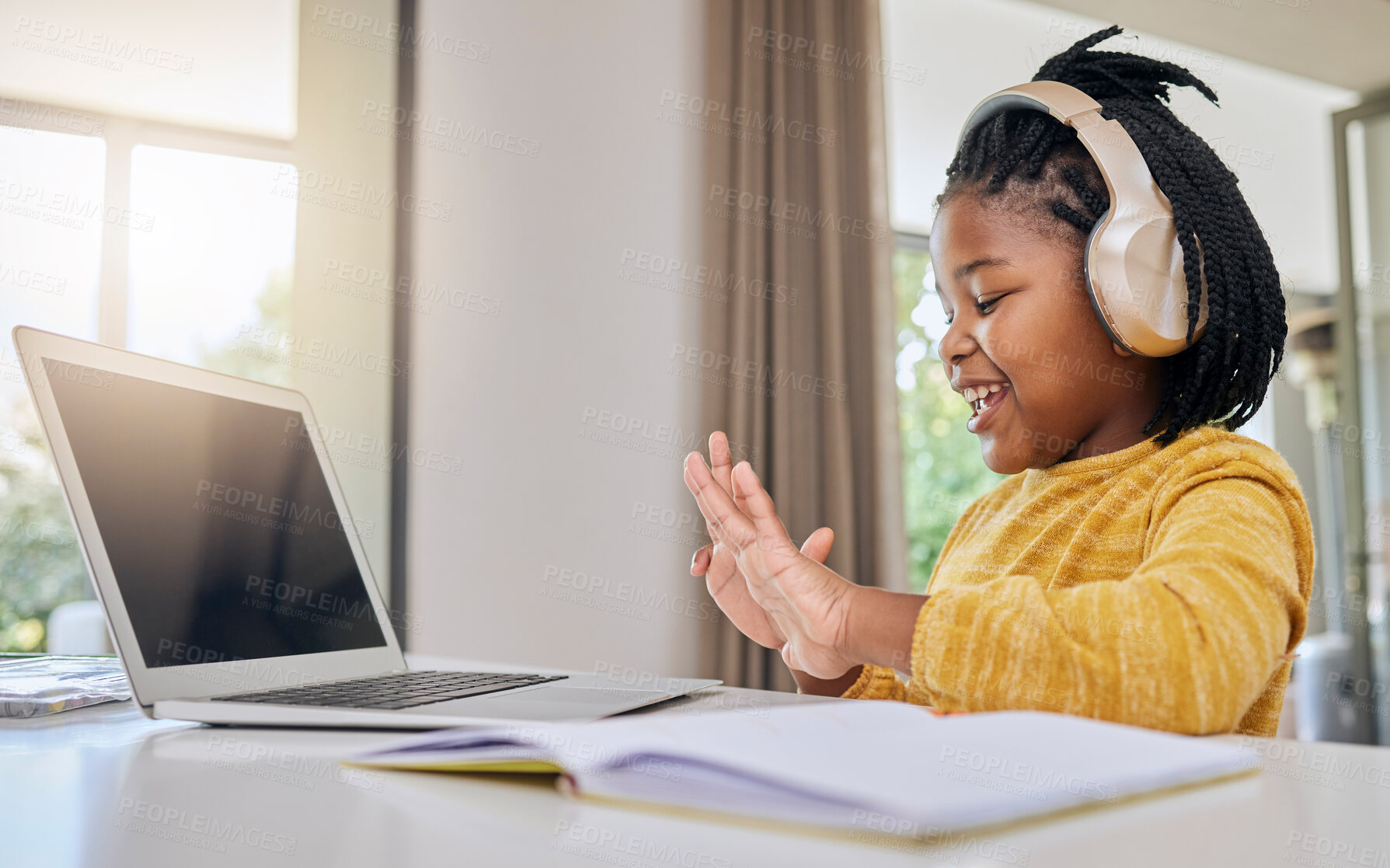 Buy stock photo Digital, child education and computer of a kid learning knowledge development at home. Happy, headphones and young person counting numbers with hands in a house for school elearning with happiness