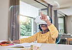 African girl child, vr learning and home with 3d overlay, hand and futuristic ux for homework, study and happy. Young female, school student and ar ui for education, development and smile at table