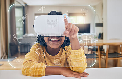 Buy stock photo African girl child, vr education and house with 3d overlay, hand and futuristic ux for homework, study and happy. Young female, school student and ar ui for learning, development and smile at table