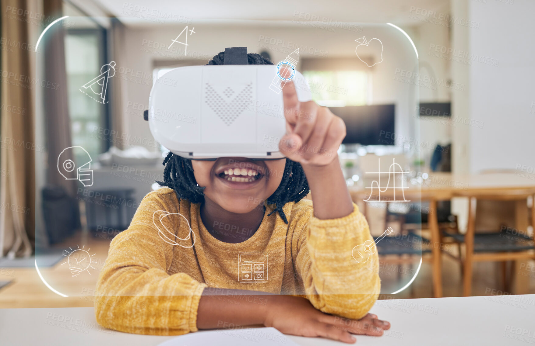 Buy stock photo African girl child, vr education and house with 3d overlay, hand and futuristic ux for homework, study and happy. Young female, school student and ar ui for learning, development and smile at table