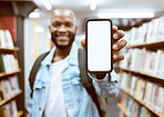 Mockup screen, education or black man with phone in library for research, advertising or project management. Smile, happy or university student with tech for learning, scholarship study or web search