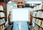 Mockup screen, education or black man on tablet in library for research, advertising or project management. Smile, happy or university student with tech for learning, scholarship study or web search