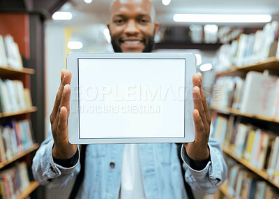 Buy stock photo Mockup screen, education or black man on tablet in library for research, advertising or project management. Smile, happy or university student with tech for learning, scholarship study or web search