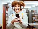 University student, woman and phone for texting, library and headphones for streaming music, happy and online. Gen z girl, smartphone and social media app for chat communication on internet at campus