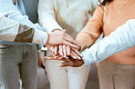 Goals, team building or hands of students with support for knowledge or development for future growth. Collaboration, diversity or school pupil with focus or mission in huddle for learning success