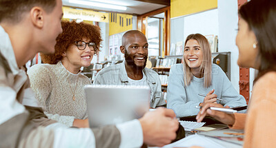 Buy stock photo Teamwork, education or students with tablet in library for research, collaboration or project management. Group, happy or university people smile on tech for learning, scholarship study or web search