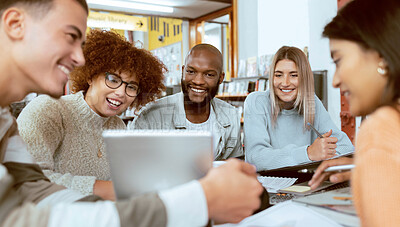 Buy stock photo Teamwork, education or students with tablet in library for research, collaboration or project management. Smile, happy or university people with tech for learning, scholarship study or web search
