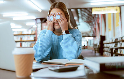 Buy stock photo Woman student with glasses, stress with headache and burnout, tired about paper deadline or study for exam in library. Campus, college studying fatigue with scholarship problem, pain and eye strain