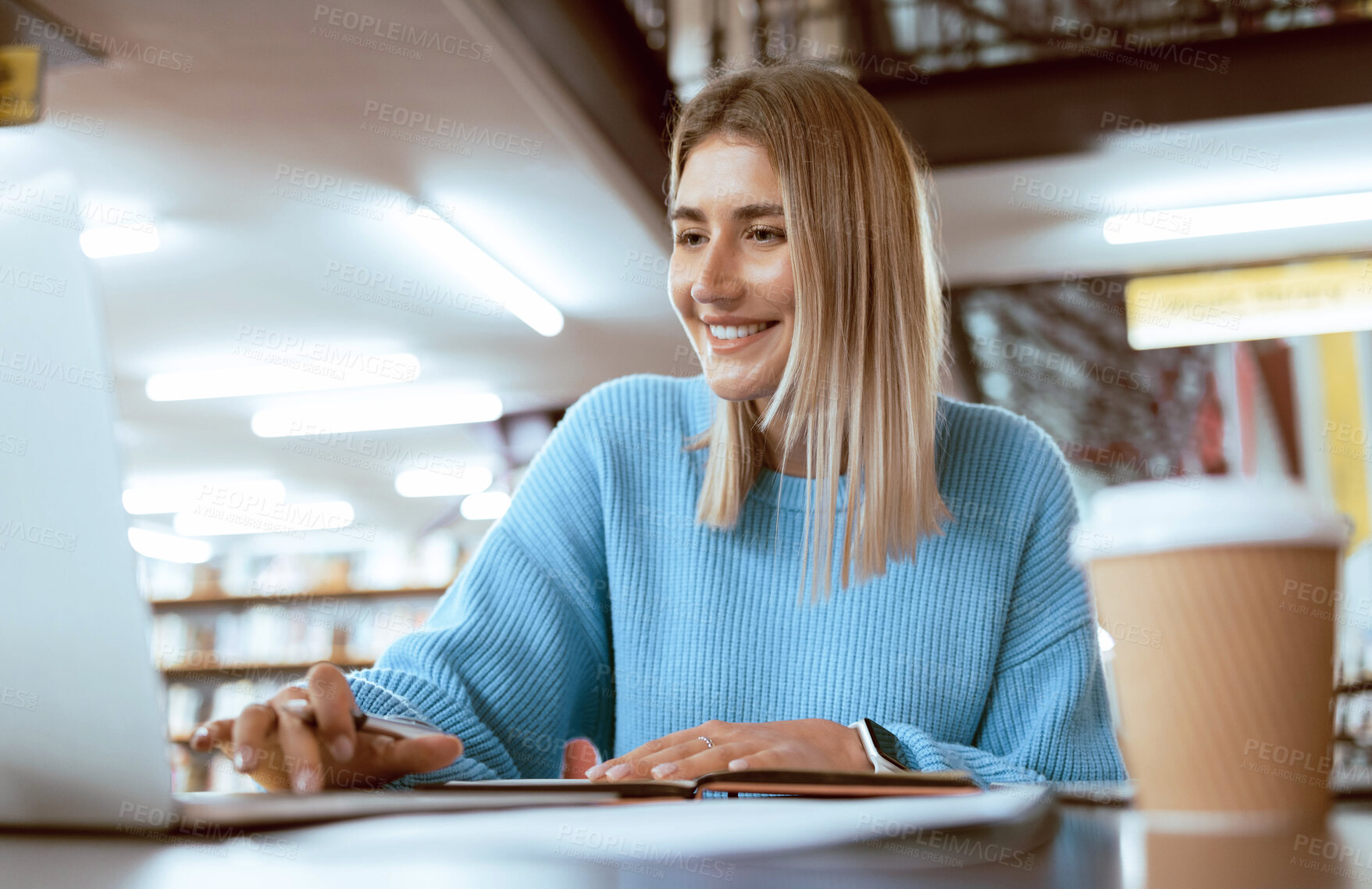 Buy stock photo Education, university and happy woman in library with laptop, research and books for school project or exam. Smile, internet and college phd student studying with technology and elearning on campus.