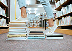 Woman feet, book steps and library for symbol of progress in learning, education and development for study goals, University student, cropped and shoes with paper stairs on floor to success vision