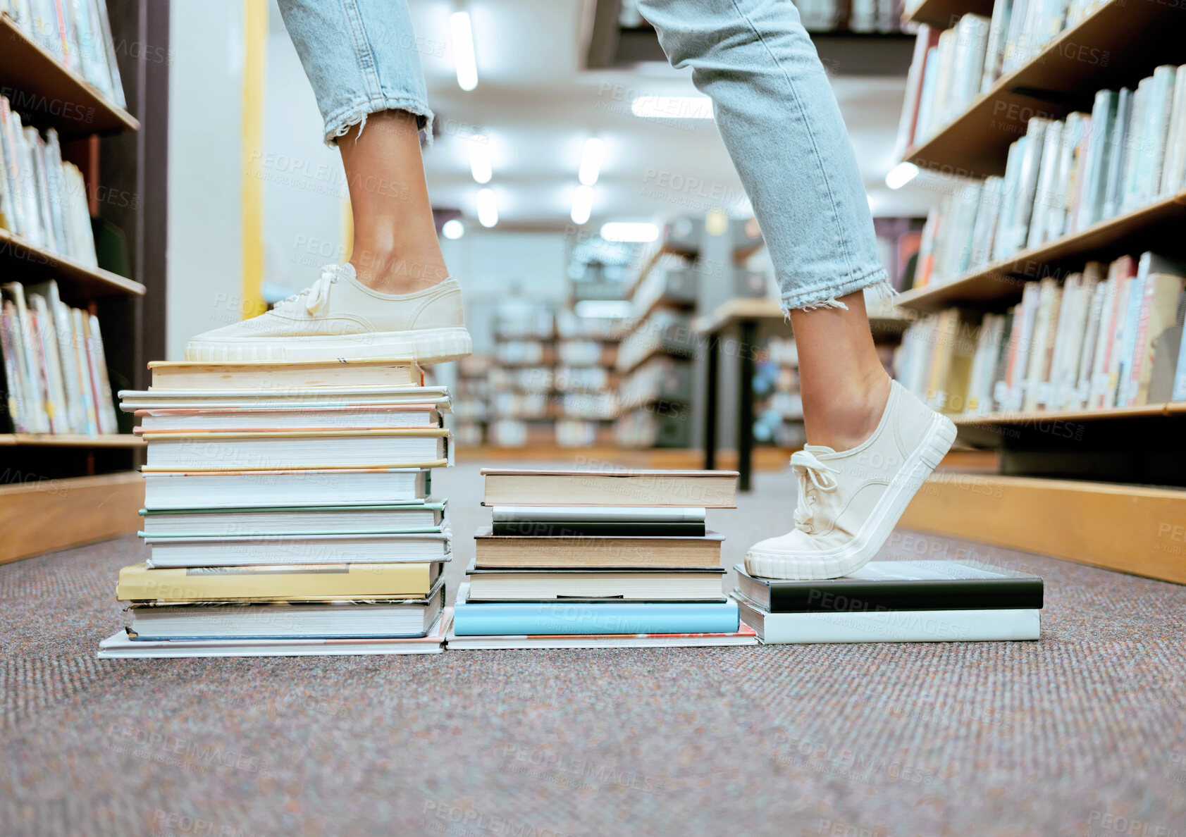 Buy stock photo Woman feet, book steps and library for symbol of progress in learning, education and development for study goals, University student, cropped and shoes with paper stairs on floor to success vision