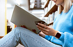 Hands, woman and reading books on library floor, ground and campus learning. Closeup student, textbook and studying of knowledge, research and information at college of education, university or shelf