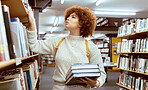 Woman, book search and library shelf for study, project or learning with education development for study goal. University student, research or books for idea, college test success or vision at campus