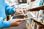 Student, tablet screen and library bookshelf of a woman at an education and knowledge center. University, college and study building with a person with technology looking at social media app 