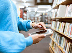 Phone, university and student hands on education, learning or college website, internet search or school library, about us or contact. Campus, research or hand with smartphone for social media chat

