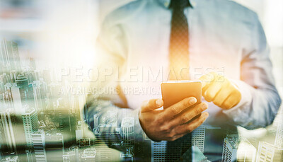 Buy stock photo Phone, hands and overlay of business man texting, web scrolling or internet browsing. Technology, city double exposure and male employee networking, research or social media on 5g smartphone at night