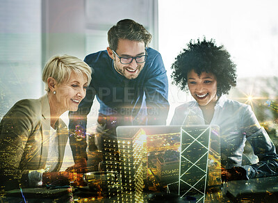 Buy stock photo Teamwork, laptop and overlay of business people in office for research, planning or brainstorming ideas. Computer, city double exposure and group collaboration of workers discussing strategy at night