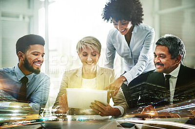 Buy stock photo Teamwork, tablet and overlay of business people in office for research, planning or brainstorming ideas. Technology, city double exposure or group collaboration of employees with touchscreen at night