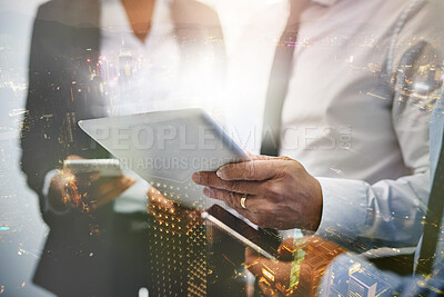 Buy stock photo Hands, tablet and overlay of business people with phone for research, planning and brainstorming ideas. Technology, city double exposure or group of employees networking on mobile smartphone at night