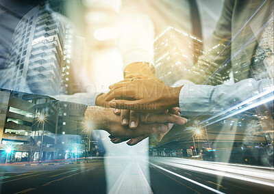 Buy stock photo Teamwork, collaboration and overlay of business people with hands together for unity, solidarity and team building. City road, double exposure and group of employees huddle for support or motivation.