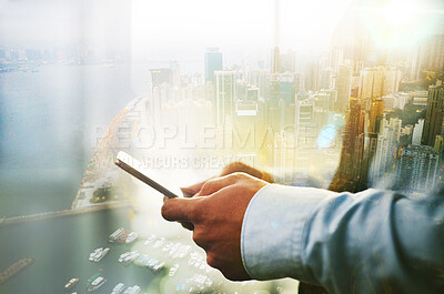 Buy stock photo Phone, overlay and hands of business man texting, web scrolling or internet browsing. Technology, city double exposure and male employee networking, research or social media on 5g mobile smartphone.