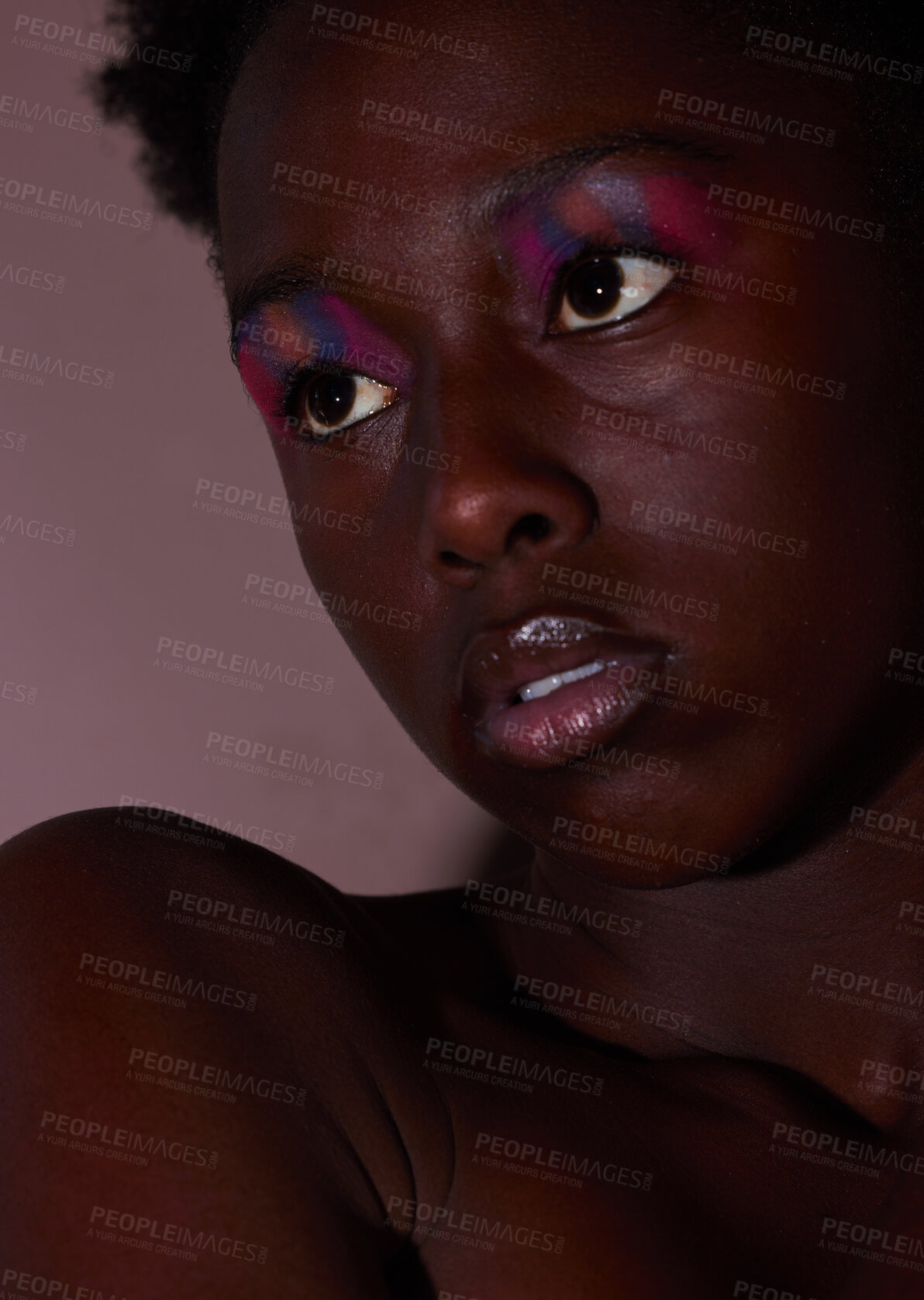 Buy stock photo Face, thinking and makeup with a model black woman in studio on a mauve background for beauty. Skincare, idea and cosmetics with an attractive young female posing indoor to promote natural care
