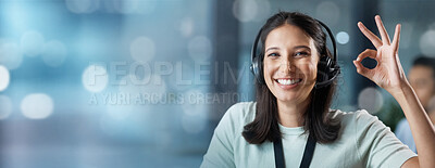 Buy stock photo Portrait, mockup or happy consultant in a call center helping, talking or networking online with success. Ok hand gesture, woman or insurance agent in communication at customer services or sales job